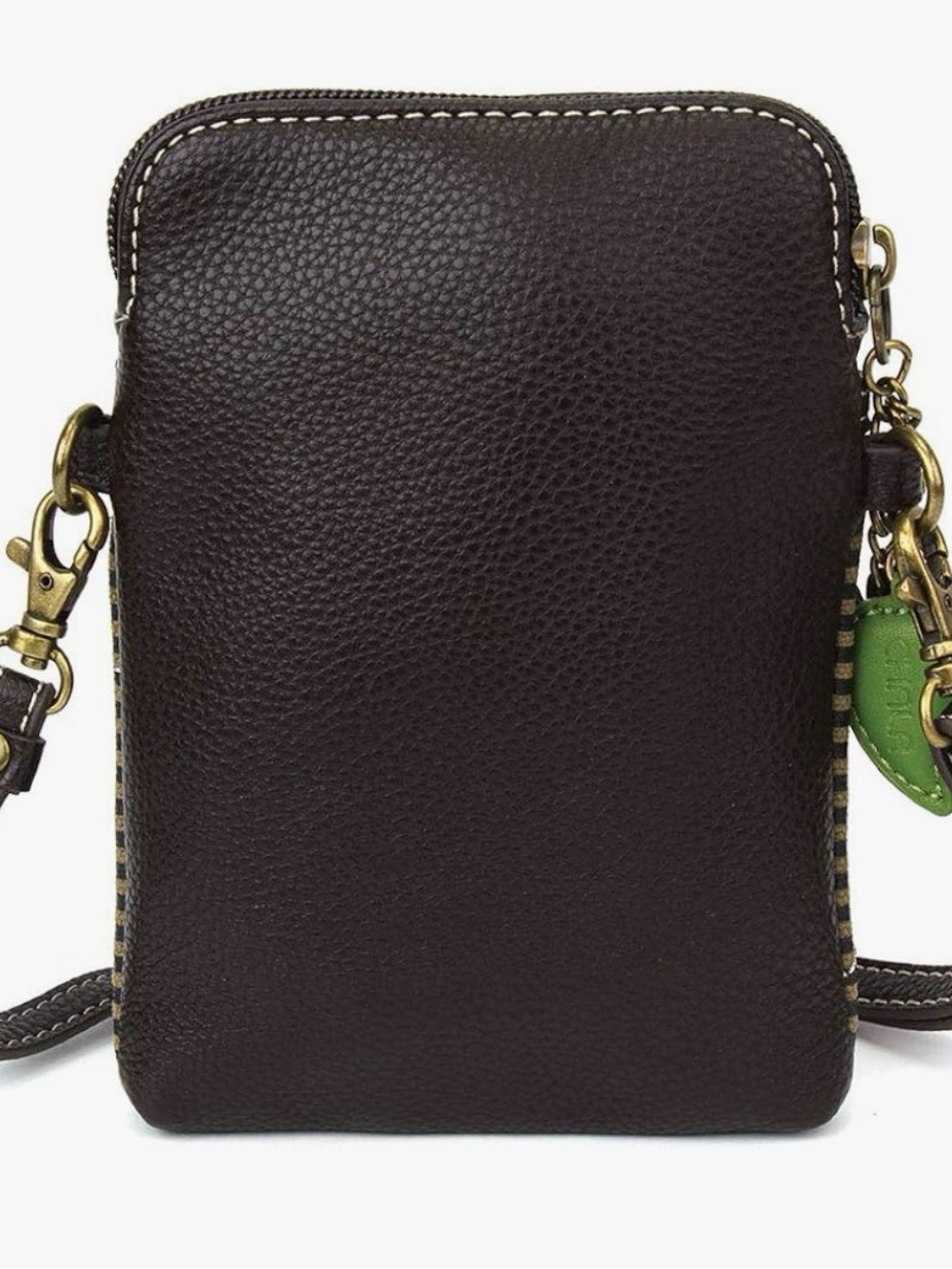 Chala Brown Striped 2 Bears Appliqué Crossbody Cell Phone Bag with Green Charm - Picture 2 of 4
